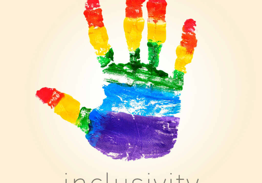 a handprint with the colors of the rainbow flag and the text inclusivity on a beige background